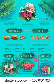 Summer menu design with flamingo and tropic leaves. Restaurant menu
