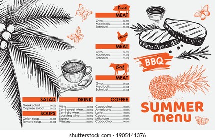 Summer Menu Design template , Vector hand-drawn illustration.
