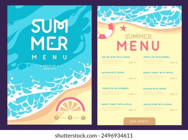 Summer menu design with top view ocean waves, sand beach and starfish. Vector illustration