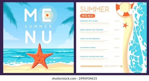 Summer menu design with top view ocean waves, sand beach and palm leaves. Vector illustration