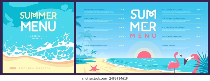 Diseño de menú de verano con vista superior a las olas del océano, arena, playa y flamenco. Ilustración vectorial