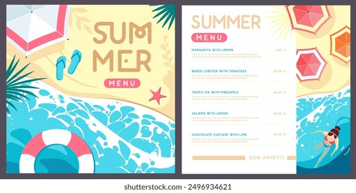 Diseño de menú de verano con vista superior a las olas del océano, playa de arena y hojas de palma. Ilustración vectorial