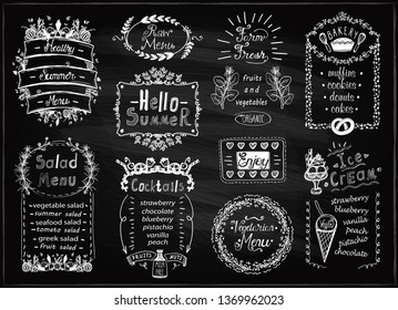 Summer menu, farm fresh, cocktails, salads, bakery, raw and vegetarian menu. Blackboard chalk menu list designs set for cafe or restaurant.