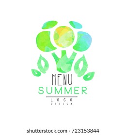 Summer menu logo design, element for healthy food and drinks, vegetarian restaurant and bar menu, fruit market watercolor vector Illustration