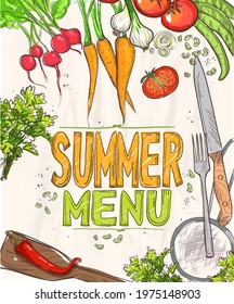 Summer menu poster vector template with raw vegetables and kitchen utensil graphic illustration