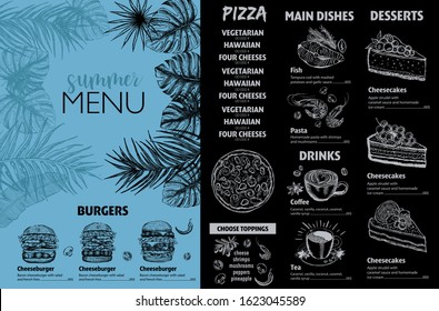 Summer menu. Restaurant food menu design, hand drawn illustrations. Vector food flyer.