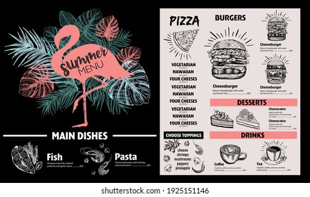 Summer menu. Restaurant food menu design, hand drawn illustrations, vector food flyer.	