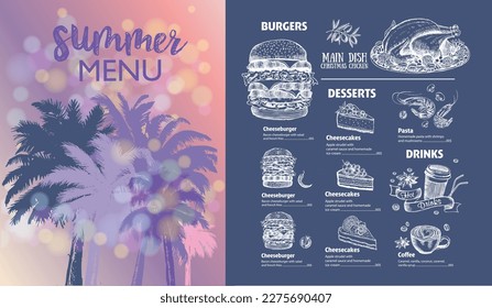  Summer menu, Restaurant food. Hand drawn illustrations. Vector food flyer.
