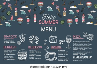 Summer menu, template design. Food flyer. Hand-drawn style. Vector illustration