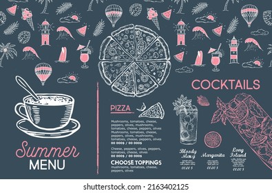 Summer menu, template design. Food flyer. Hand-drawn style. Vector illustration