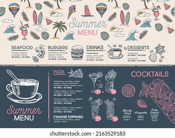 Summer menu, template design. Food flyer. Hand-drawn style. Vector illustration