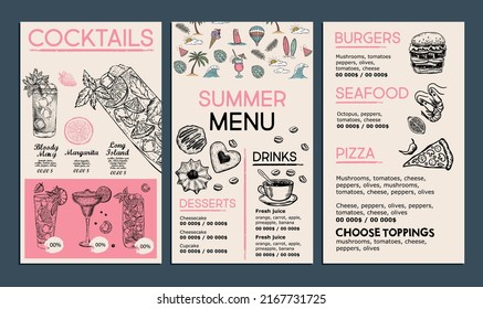 Summer menu, template design. Food flyer. Hand-drawn style. Vector illustration