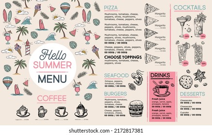 Menú de verano, diseño de plantilla. Volante de comida. Estilo dibujado a mano. Ilustración vectorial.	
