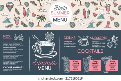 Summer menu, template design. Food flyer. Hand-drawn style. Vector illustration.