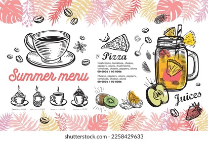 Summer menu, template design. Food flyer. Hand-drawn style. Vector illustration.	