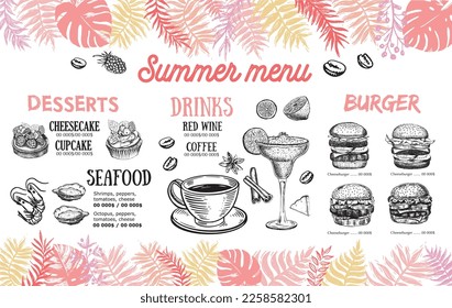 Summer menu, template design. Food flyer. Hand-drawn style. Vector illustration.