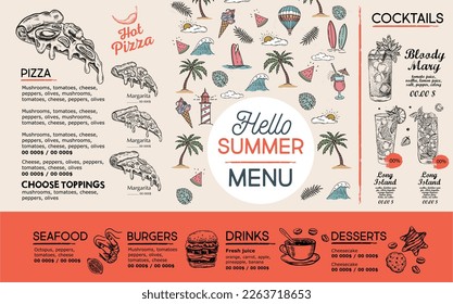 Summer menu, template design. Food flyer. Hand-drawn style. Vector illustration.	