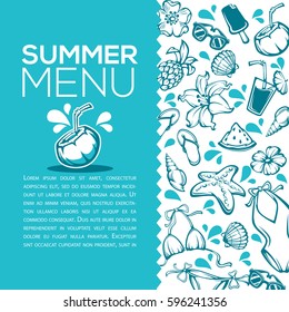 summer menu, vector design template with images of tropical objects, leaves, flowers, clothes, drinks