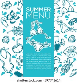 summer menu, vector design template with images of tropical objects, leaves, flowers, clothes, drinks, swimsuit