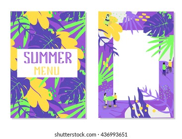 Summer menu for your cafe or summer party Tropical abstract drawing with empty place for your text.