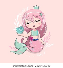 Summer mermaid on a pink background. Vector cartoon illustration. Art for kids