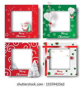 Summer Merry Christmas and Happy new year border frame photo design set on transparency background.Creative origami paper cut and craft style.Holiday gift card.Winter Postcard vector illustration 