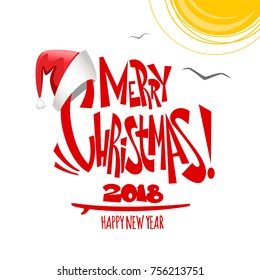 Summer Merry Christmas lettering.  Vector illustration.