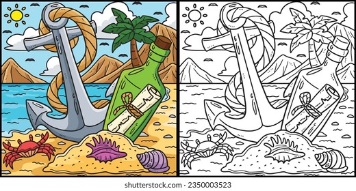 Summer Message in a Bottle and Anchor Illustration