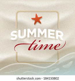 Summer message on beach sand. Vector summer concept design template. Elements are layered separately in vector file. Easy editable.
