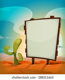 Summer Mexican Desert With Wood Sign/ Illustration of a vintage cartoon mexican desert landscape in the sunrise, in summer season, with cactus plant and blank white paper on a wood sign