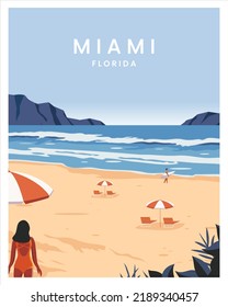 summer in miami beach florida. poster vector illustration with minimalist style. 