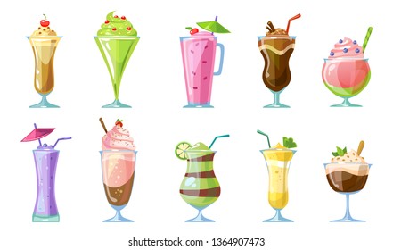 Summer milkshake collection.Delicious non-alcoholic cocktails and milkshakes isolated on white background. Chocolate, strawberry, banana, kiwi,berries beverages. Fruit smoothies vector set.