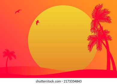 Summer minimal background with sunset beach, palms silhouette.  Vector south  landscape for discount flyer, vacation promotion, web banner and poster design. Holiday, vacance, rest, tourism background