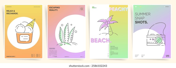 Summer minimal gradient poster set. Pastel fluid backgrounds with geometric abstract design for creative branding and advertising.