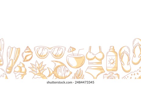 Summer minimal horizontal banner with beach accessories, orange monochrome icons. Bottom border of frame, copy space, isolated on white. Summertime. For poster, flyer, card, invitation, social media
