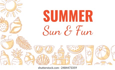 Summer minimal horizontal banner, beach accessories, orange monochrome icons. Side borders of frame, copy space, isolated on white. Summertime, sun and fun. For poster, flyer, card, invitation