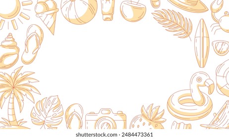 Summer minimal horizontal banner, beach accessories orange monochrome icons. Round border frame, copy space, isolated on white. Summertime. For poster, flyer, card, invitation, social media, postcard