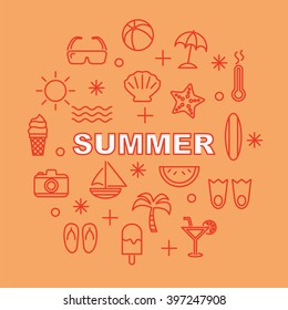 summer minimal outline icons, vector pictogram set
