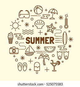 summer minimal thin line icons set, vector illustration design elements