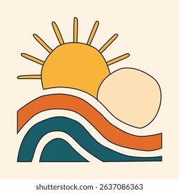 Summer minimalist background with sun and waves, banner, poster, greeting card, template. Vacation concept  