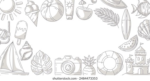 Summer minimalist horizontal banner, beach accessories gray monochrome icons. Round border frame, copy space, isolated on white. Summertime. For poster, flyer, card, invitation, social media, postcard