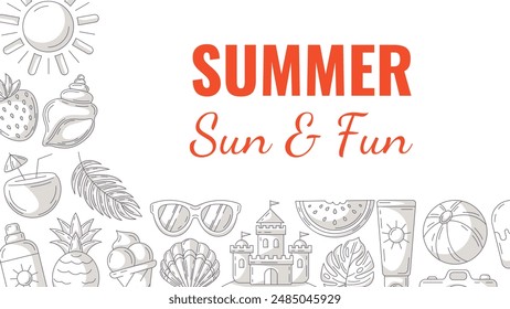 Summer minimalist horizontal banner, beach accessories, gray monochrome icons. Corner border frame, copy space, isolated on white. Summertime, sun and fun. For poster, flyer, card, invitation, party