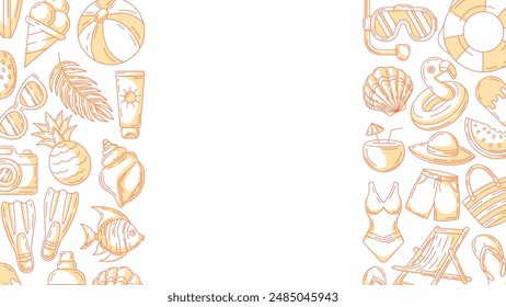 Summer minimalist horizontal banner, beach accessories monochrome orange icons. Side borders frame, copy space, isolated on white. For poster, flyer, card, invitation, social media, party or event