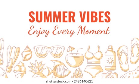 Summer minimalist horizontal banner, beach monochrome orange accessories icons. Bottom border frame, copy space, isolated on white. Summer vibes, enjoy every moment. For poster, card, invitation