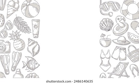 Summer minimalist horizontal banner, beach accessories, gray monochrome icons. Side border frame, copy space in the middle, isolated on white. For poster, flyer, card, invitation, social media