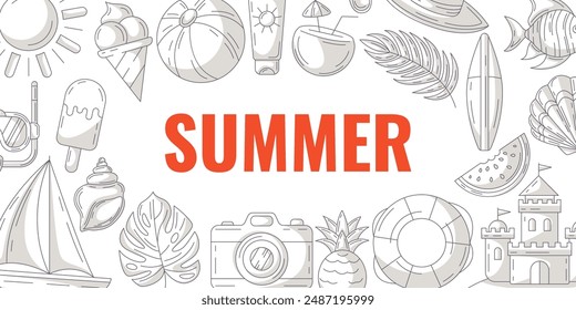 Summer minimalist horizontal banner, monochrome gray beach accessories icons. Border frame, text in the middle, isolated on white. For poster, flyer, card, invitation, social media, postcard, party