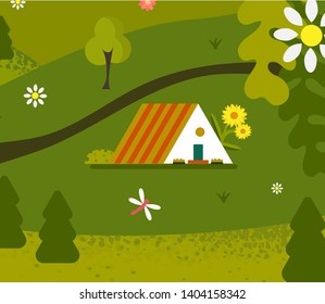 Summer minimalist house in the mountains, meadow, flowers, insects. Flat cartoon vector illustration.