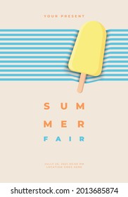 summer minimalist poster design with ice cream and blue line of wave. good for poster, invitation, flyer, banner, ads promotion