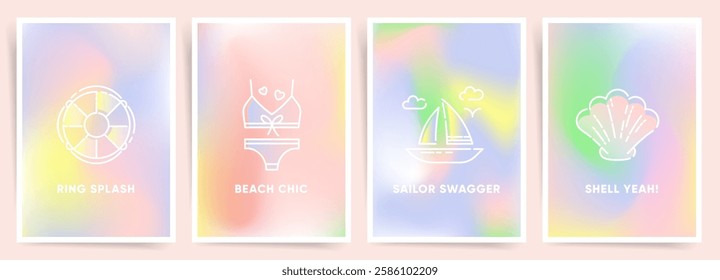 Summer minimalist poster set. Pastel gradient backgrounds with simple line art illustrations of beach and nautical themes.