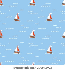 Summer minimalist print. Bright boats in doodle style on a blue background with waves. Cute print for kids clothes, home textiles and packaging. Vector seamless pattern.